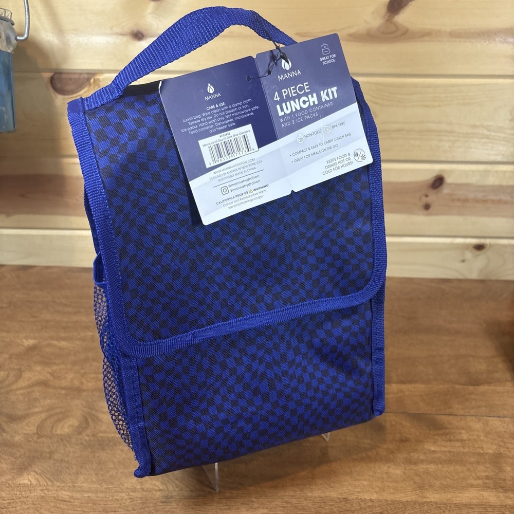 Manna 4 Piece Lunch Kit Blue Checker Insulated Bag Container Ice Packs KF51832